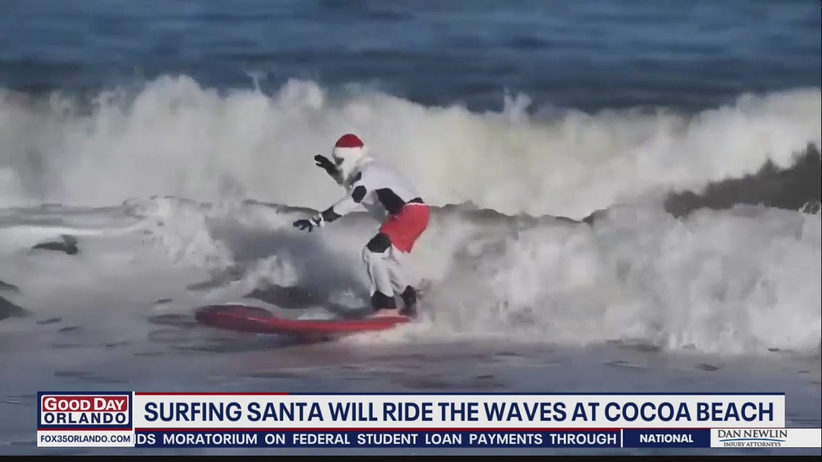 Surfing Santa will ride the waves at Cocoa Beach